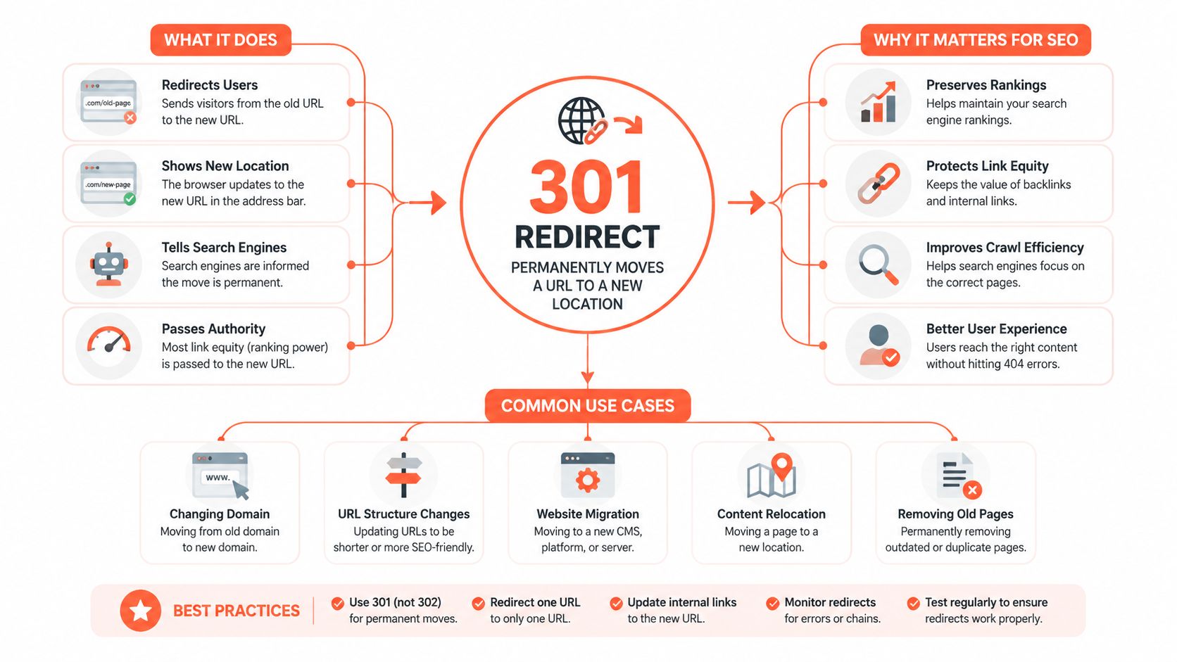 An infographic explaining what a 301 redirect is, why it matters for SEO, and common use cases.