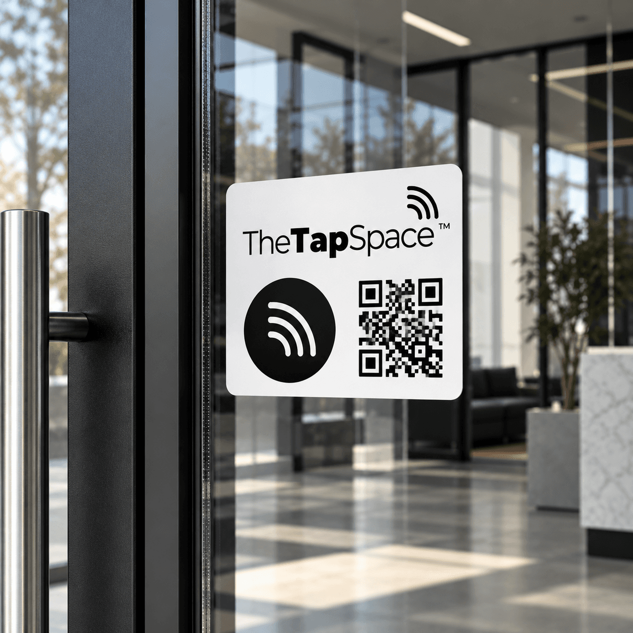 TapSpace NFC and QR decal on a glass storefront door
