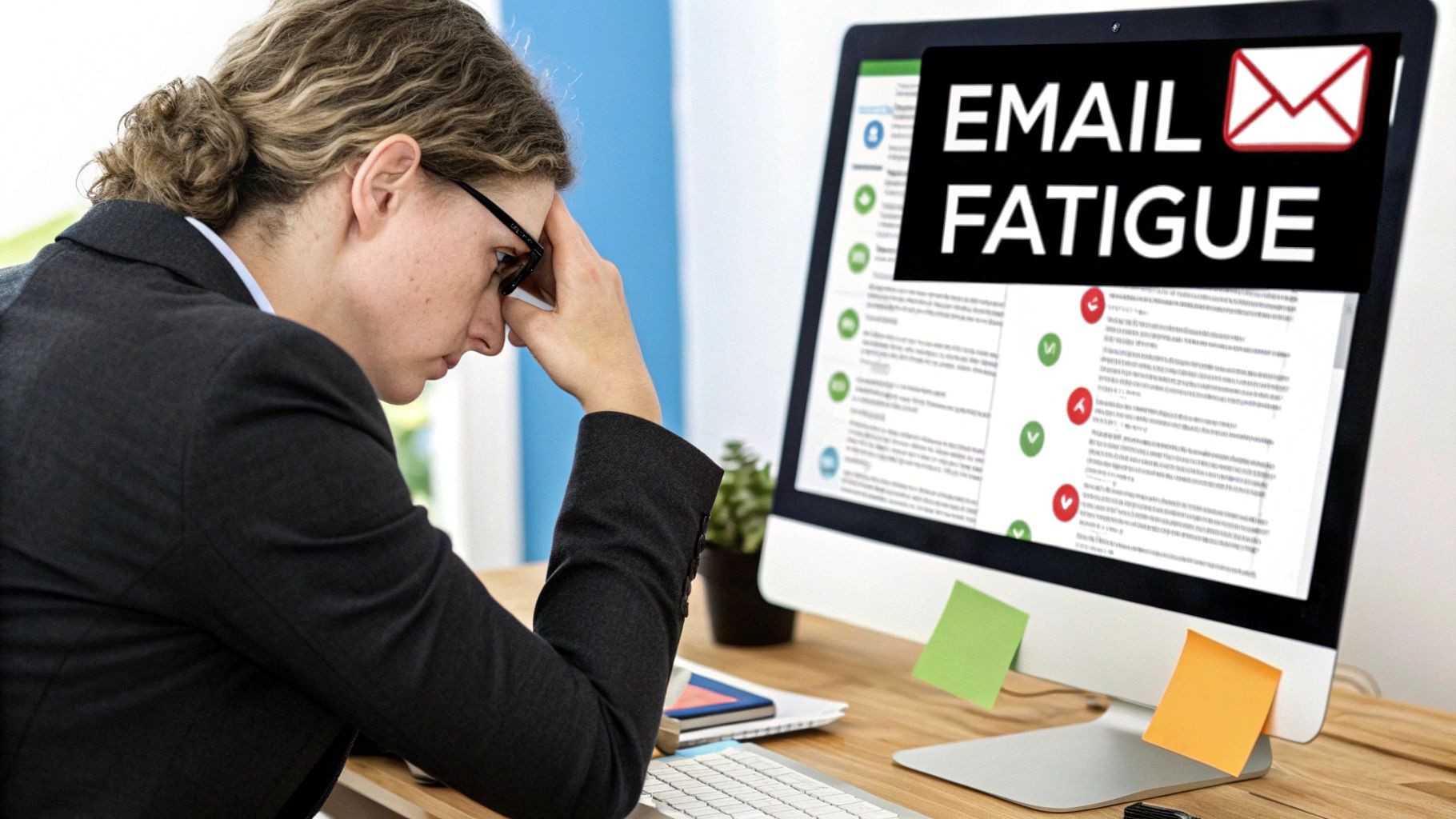 A person looking stressed while looking at a laptop with a cluttered email inbox.