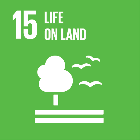 Icon for Sustainable Development Goal 15: Life on Land, featuring a tree, birds, and green background.