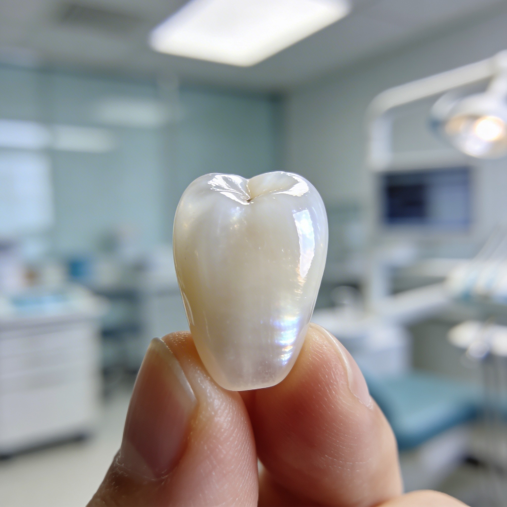 Close-up detail of premium porcelain veneer showing perfect light reflection and natural translucency