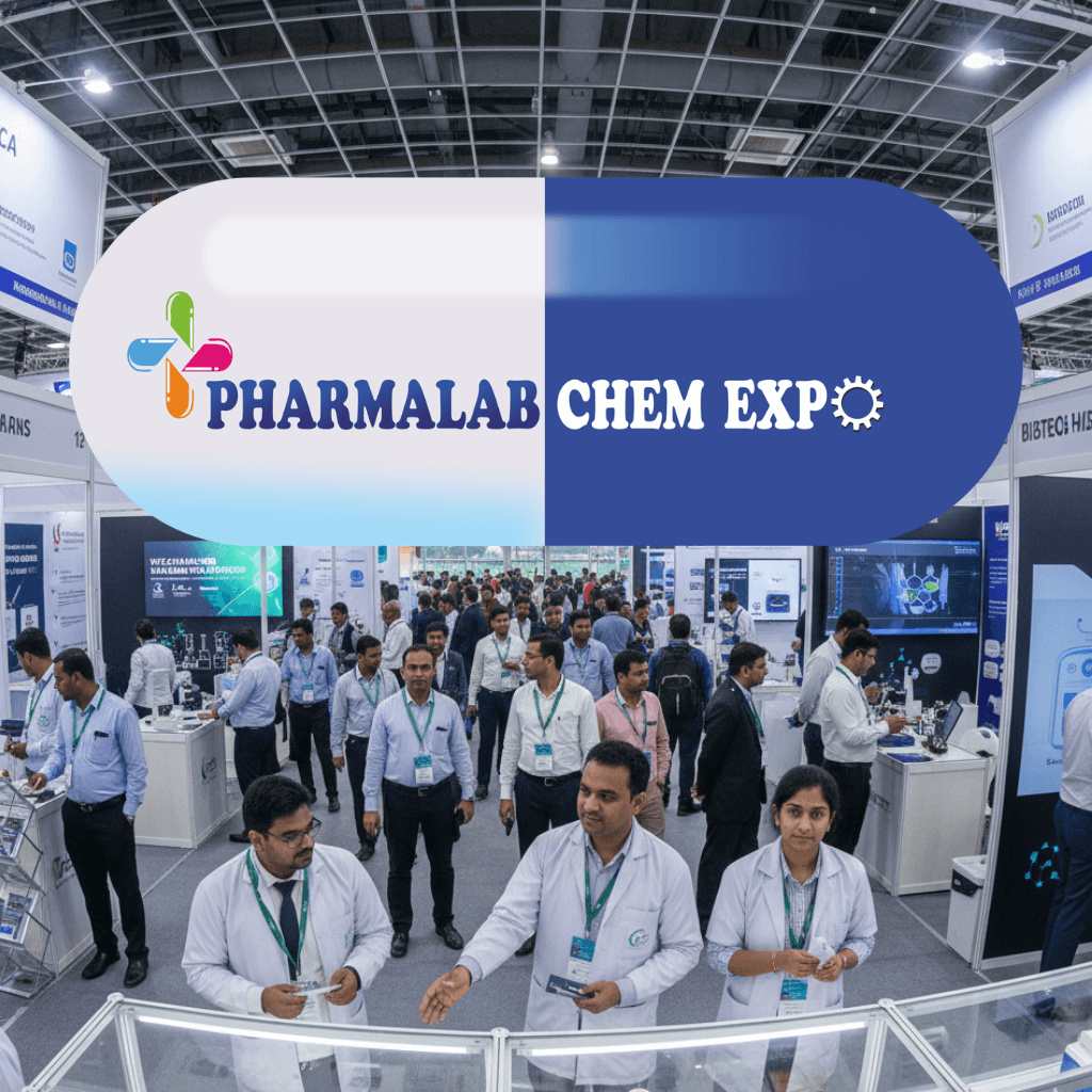 Aerial view of Ramky Pharma City venue in Visakhapatnam hosting Vizag Pharma Lab Chem Expo 2026, with expo halls and industrial pharma cluster surroundings.