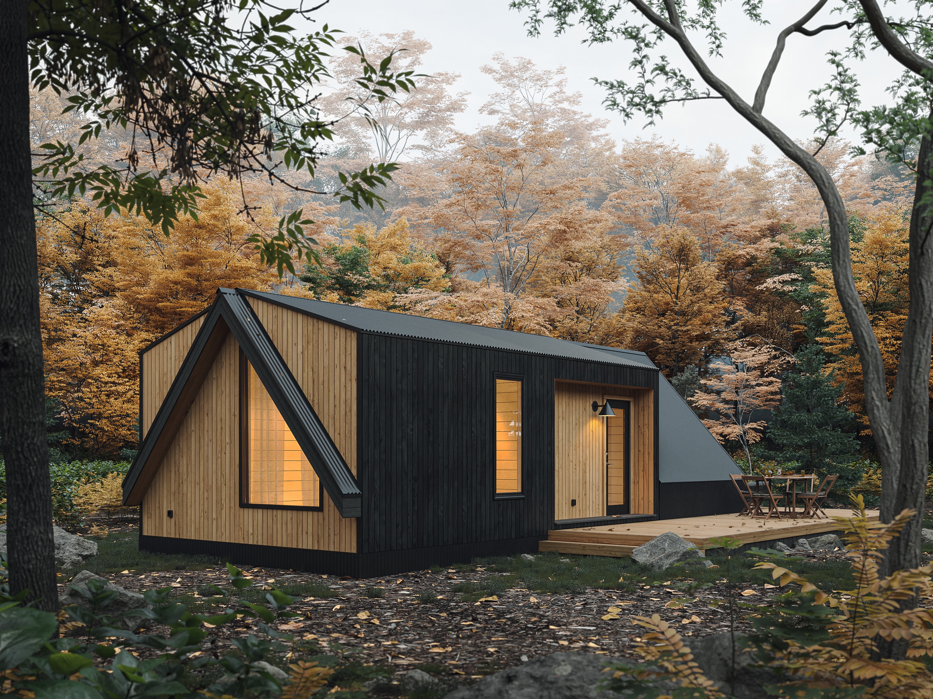 Modern A-frame inspired cabin with dark and natural wood cladding, large windows, and a wooden deck, nestled in a forest with autumn foliage.