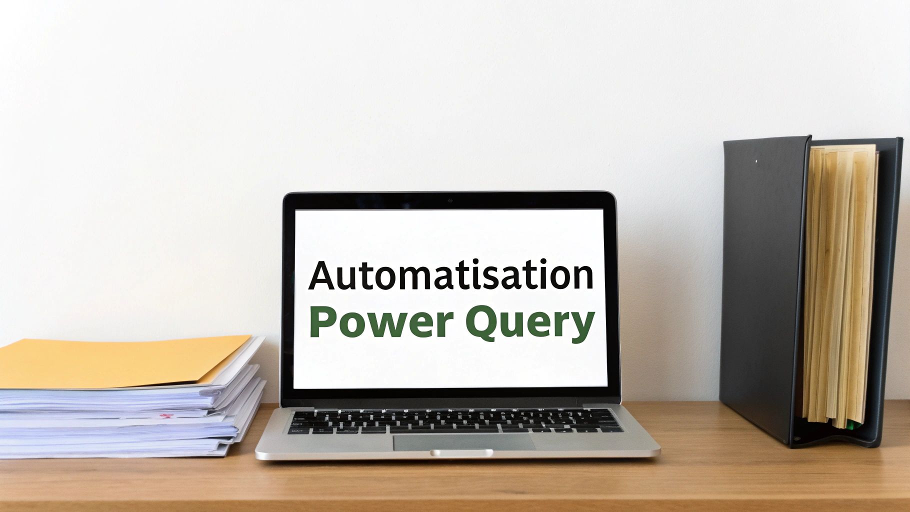 Un ordinateur portable affichant le texte 'Automatisation Power Query', avec des documents et un classeur sur un bureau.