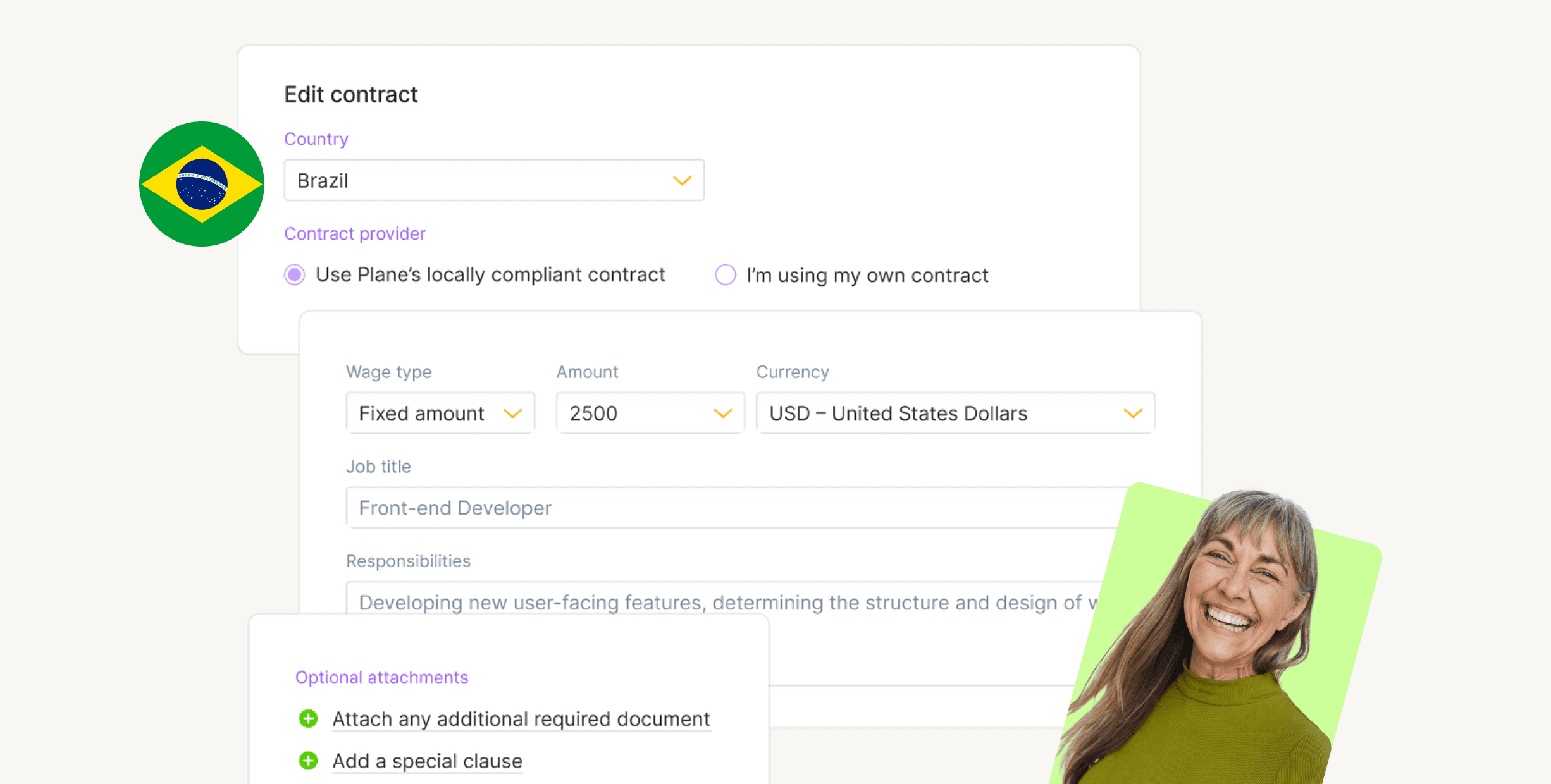 A contract editing interface from Plane for Brazil, showing wage type, amount, currency, and attachments, with a smiling woman in the corner.