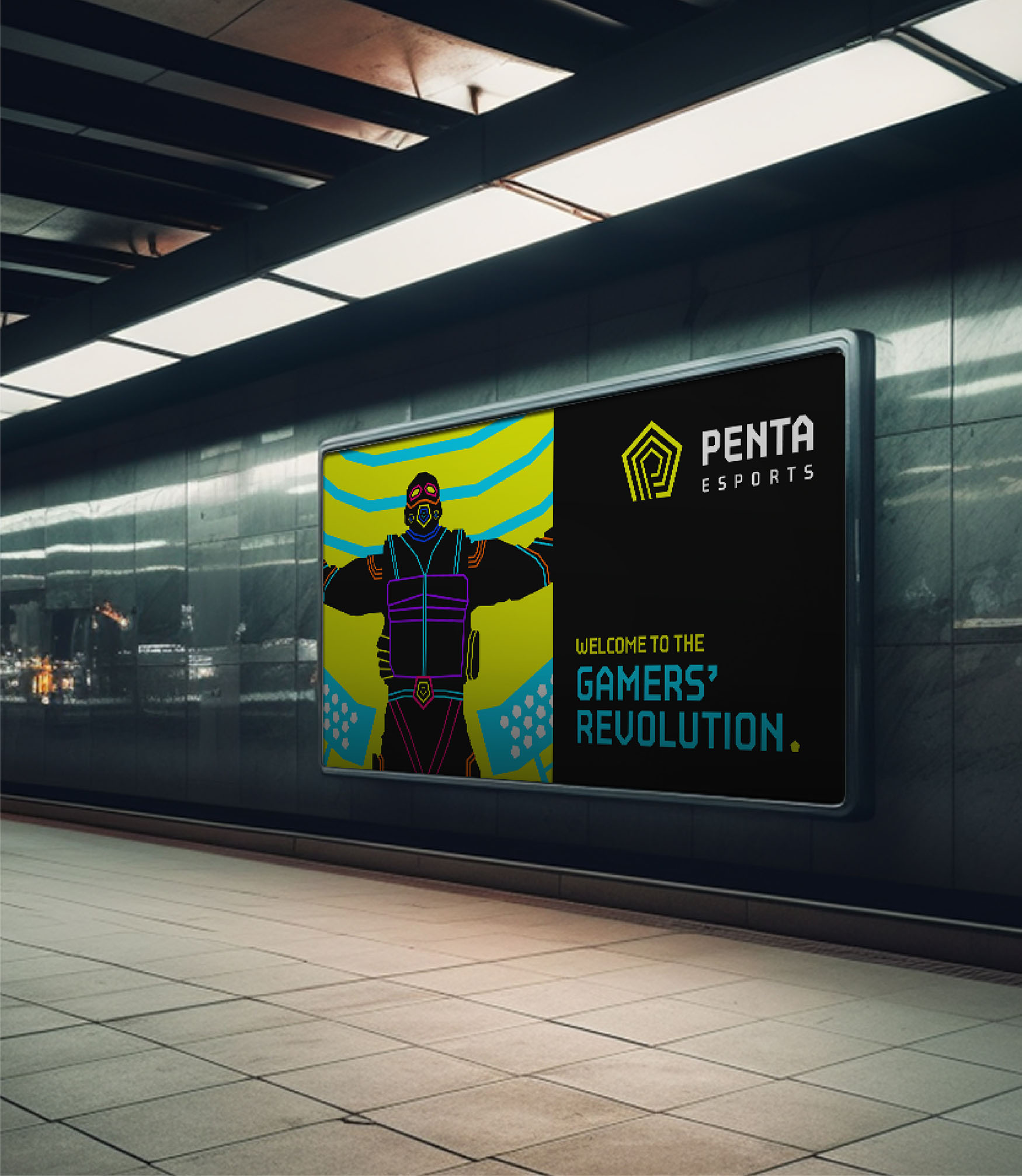 Penta Esports brand logo designed by BMEG, featuring a modern "P" integrated with the number 5 and a circular radar device symbolizing gamer focus, set against a high-tech gaming aesthetic.