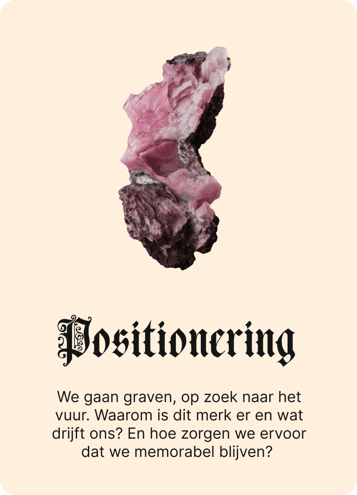 Positionering, We gaan graven, op zoek naar het vuur. Waarom is dit merk er en wat drijft ons? En hoe zorgen we ervoor dat we memorabel blijven? 