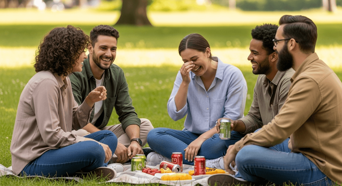 A group of friends laughing together on a picnic blanket in a park surrounded by snacks and drinks