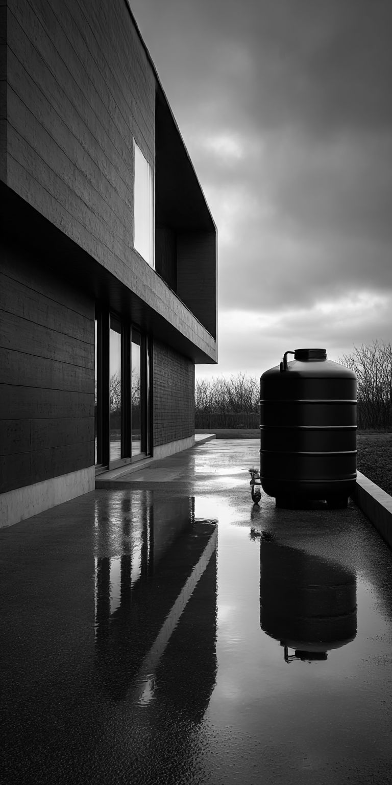 vista externa de uma casa de arquitetura moderna com um reservatório de água da chuva instalado no exterior
