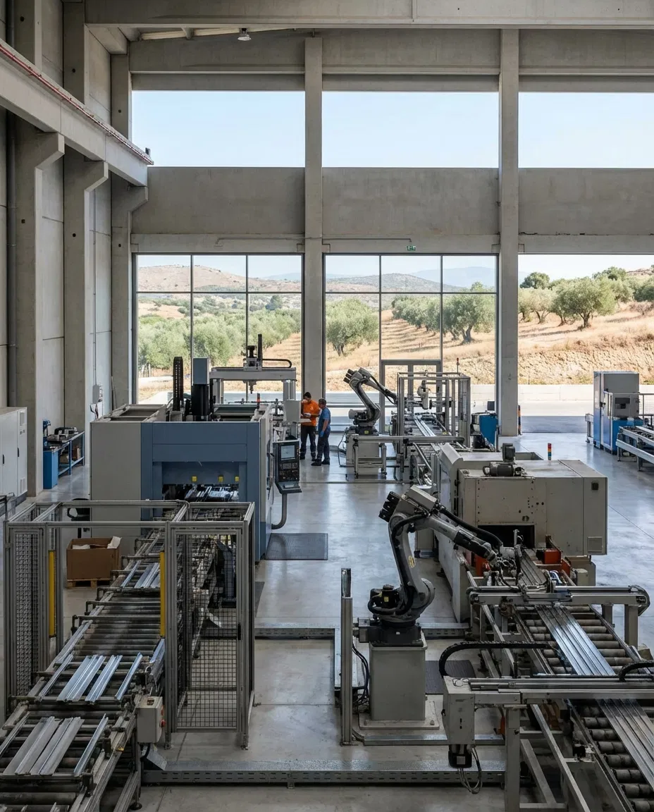 Modern industrial facility in Greece with factory structures and machinery.
