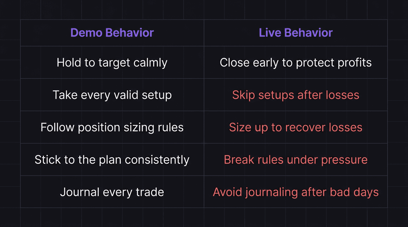 Comparison table showing demo trading behaviors versus live trading behaviors across five categories