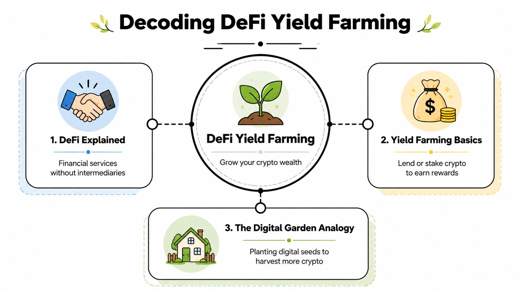 An infographic titled Decoding DeFi Yield Farming, explaining decentralized finance concepts, yield farming, and a digital garden analogy.