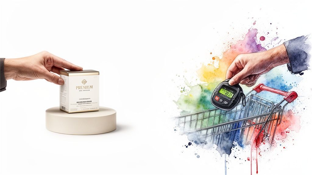 A hand presents a premium product box, next to a hand with a device over a colorful shopping cart.