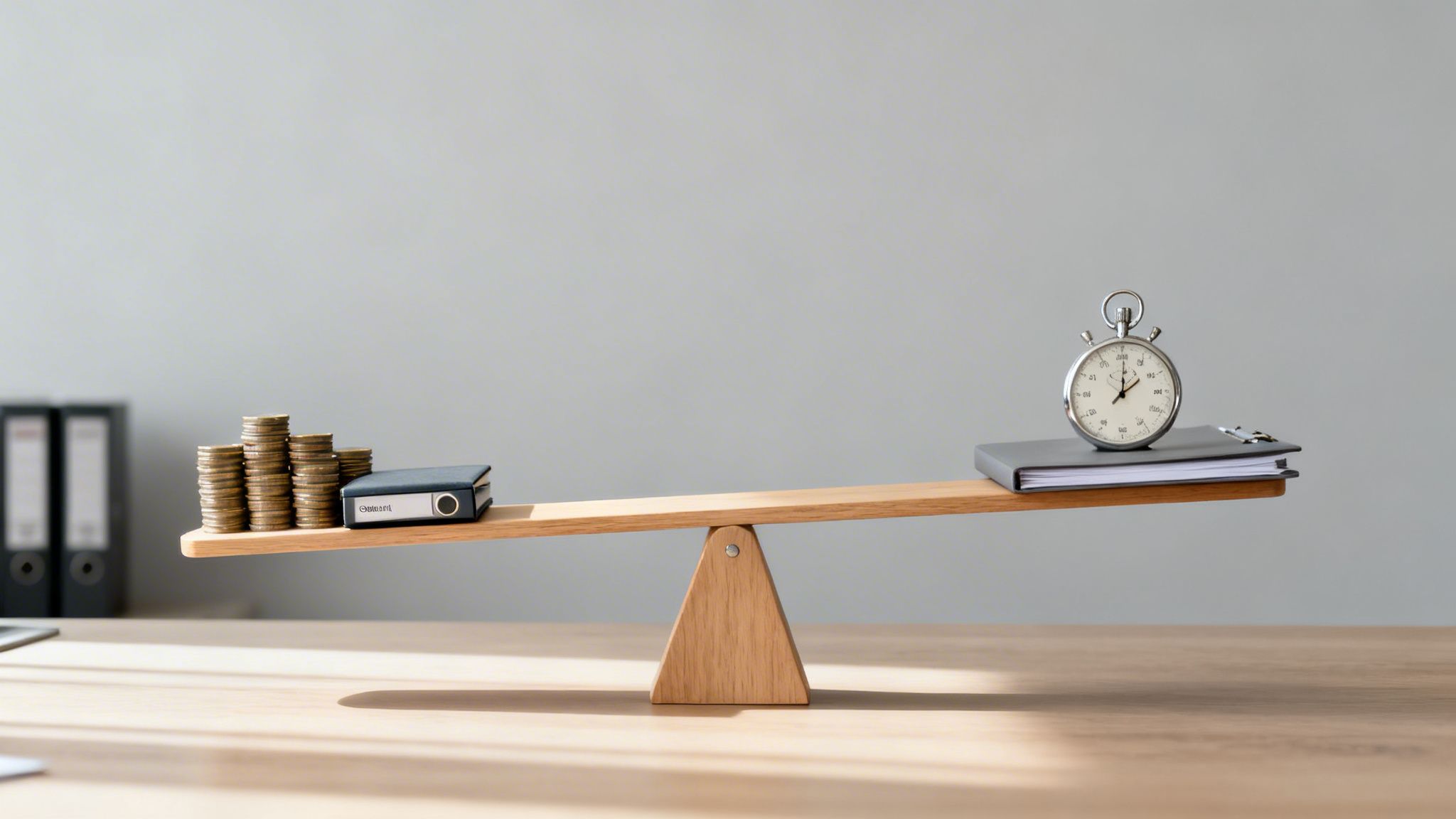 En balansvåg visar mynt och en pärm märkta "FINANS" på ena sidan, och en stoppklocka med anteckningsblock på den andra.