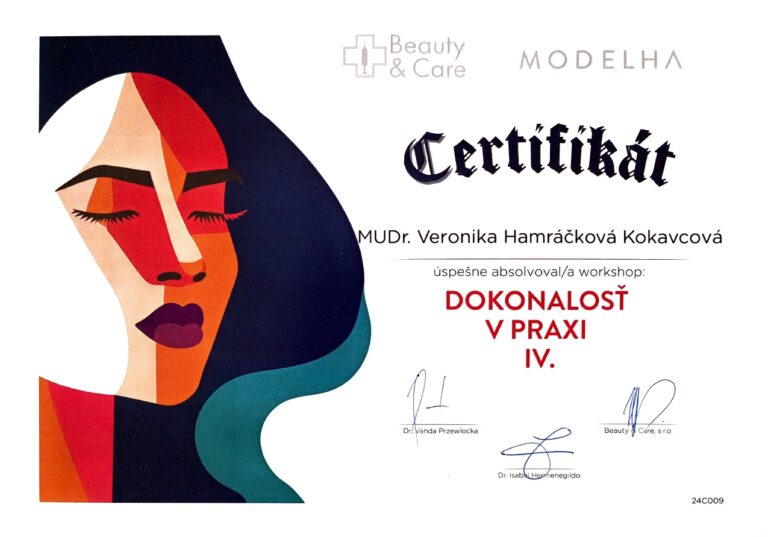 Certifikát pre MUDr. Veroniku Hamráčkovú Kokavcovú z workshopu Dokonalosť v praxi IV zameraného na estetickú medicínu