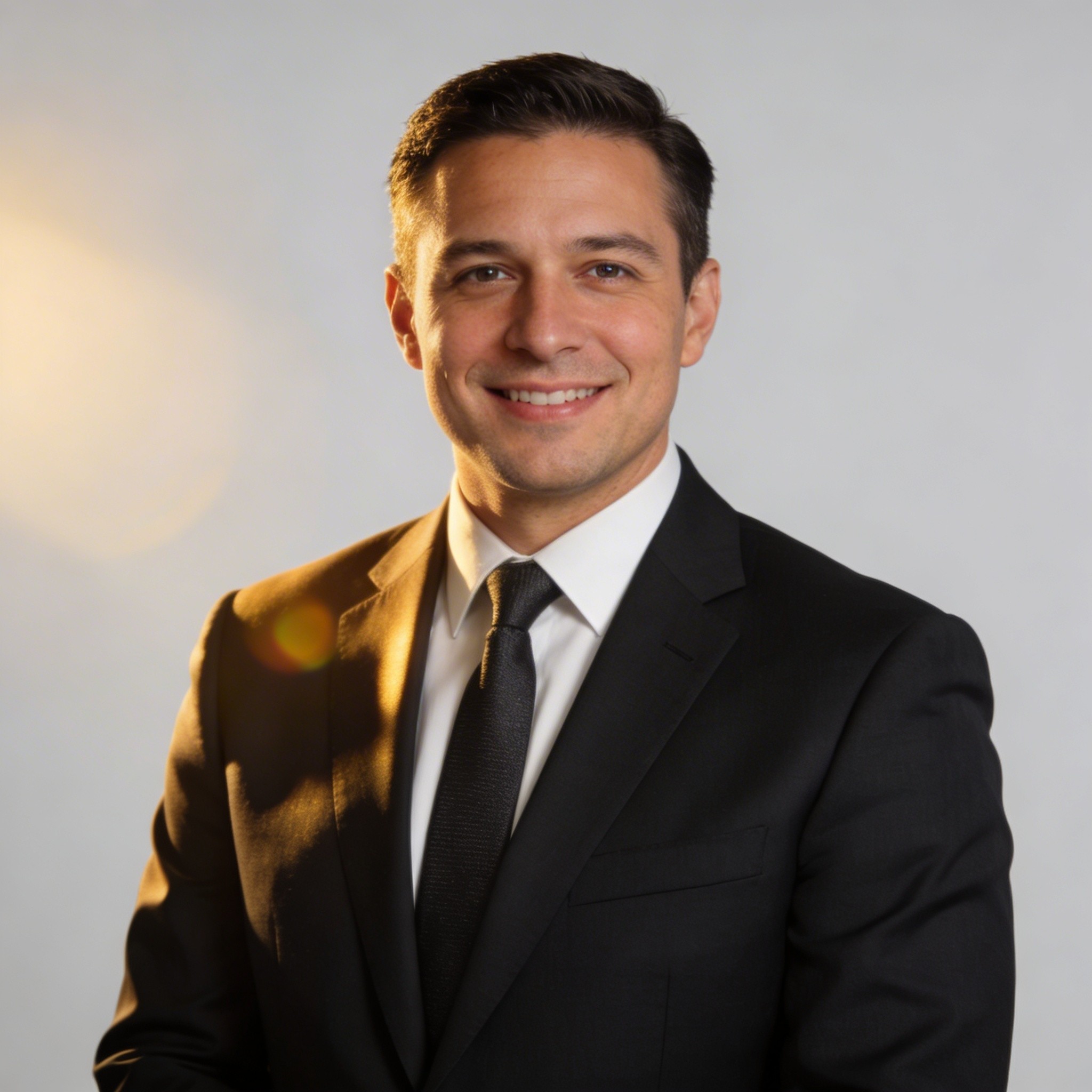 Young professional man in a formal black suit, smiling with a clean corporate portrait style
