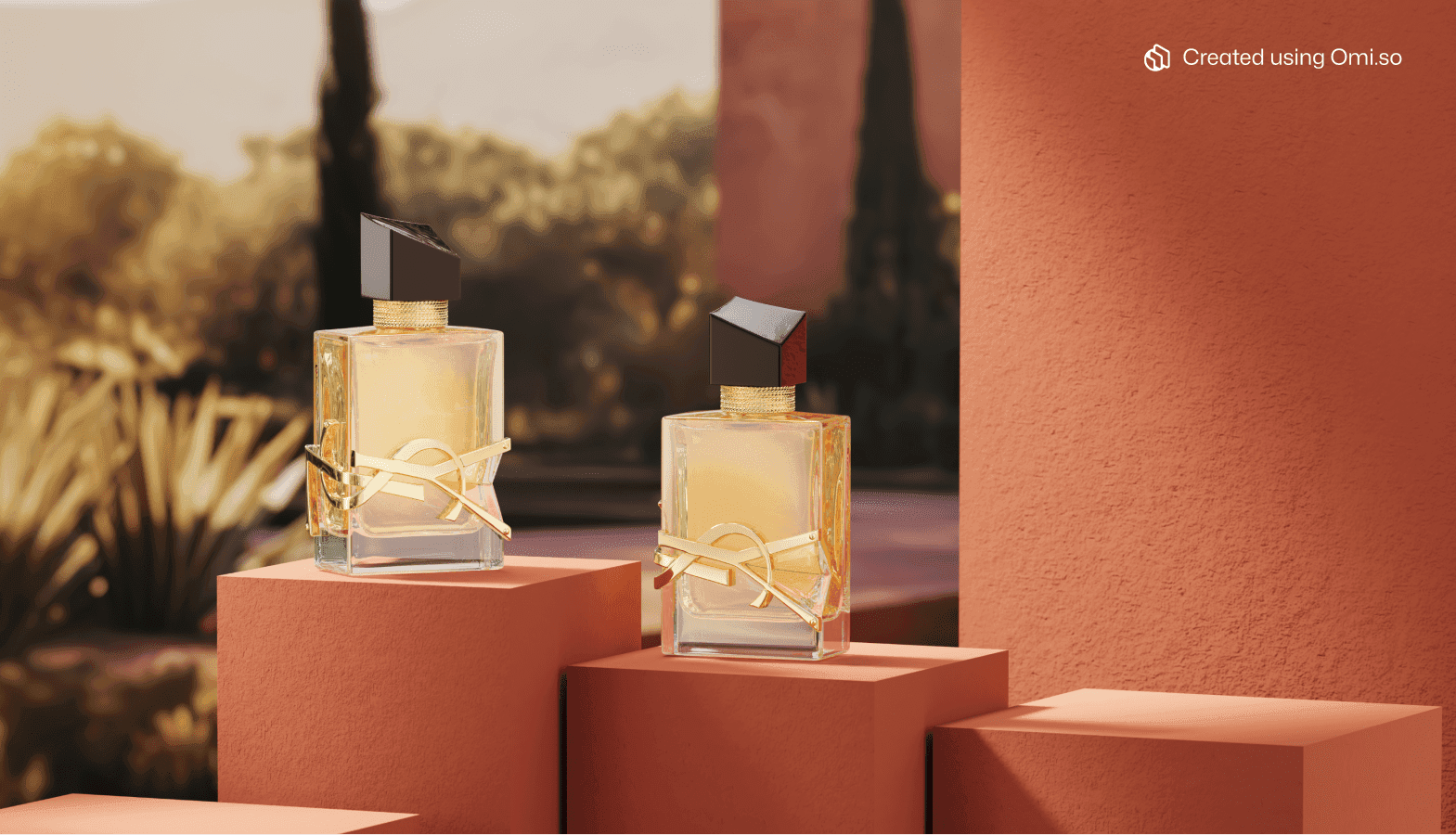 Digital Twin photo of Yves Saint Laurent Perfume in scenic European outdoor setting on red podiums