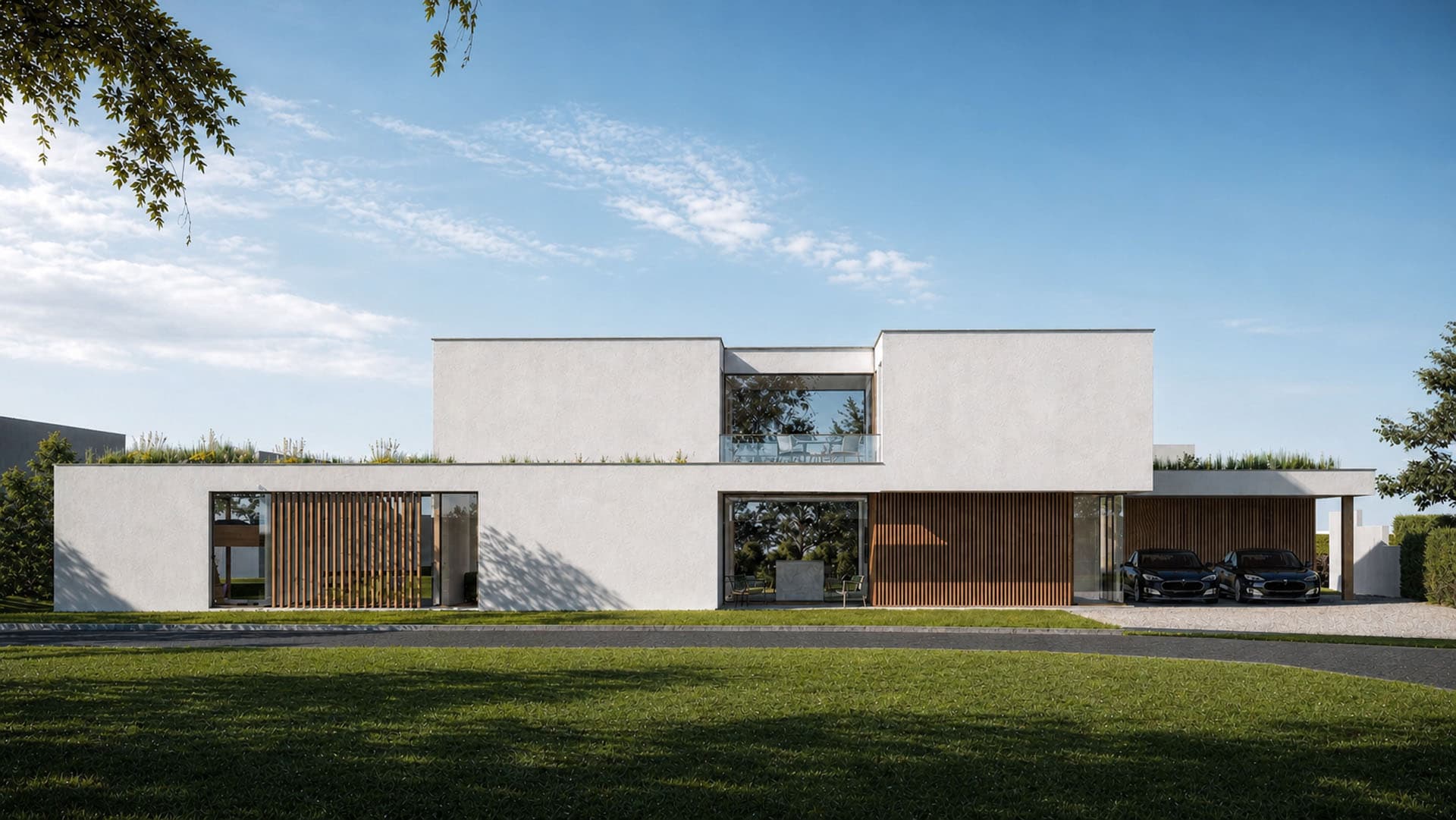 Voorzijde van moderne villa in Hilvarenbeek met witte volumes, houten lamellen en geïntegreerde carport.