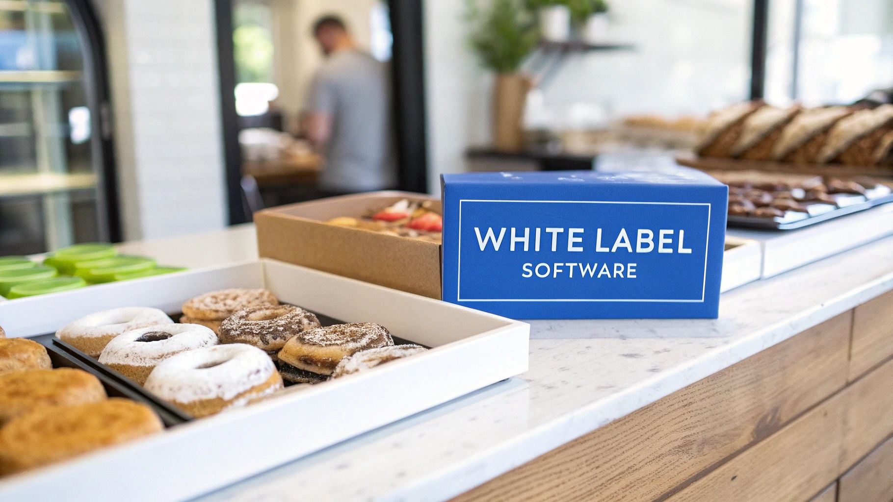 A blue box labeled 'WHITE LABEL SOFTWARE' sits on a counter next to trays of fresh donuts.