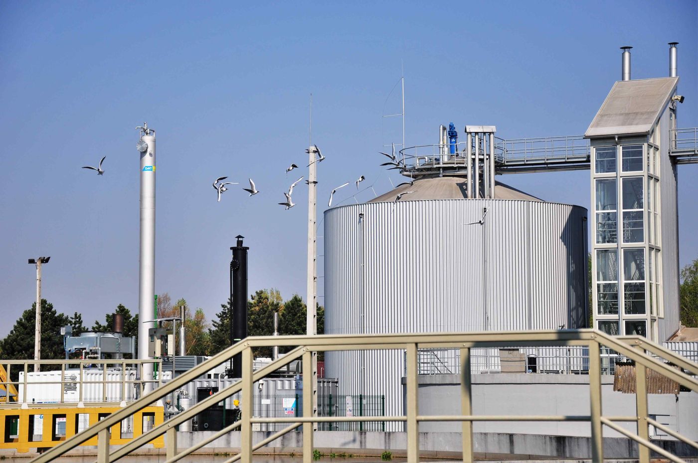 Anaerobic digester and gas equipment tower at the Zalaegerszeg municipal wastewater treatment plant, Hungary