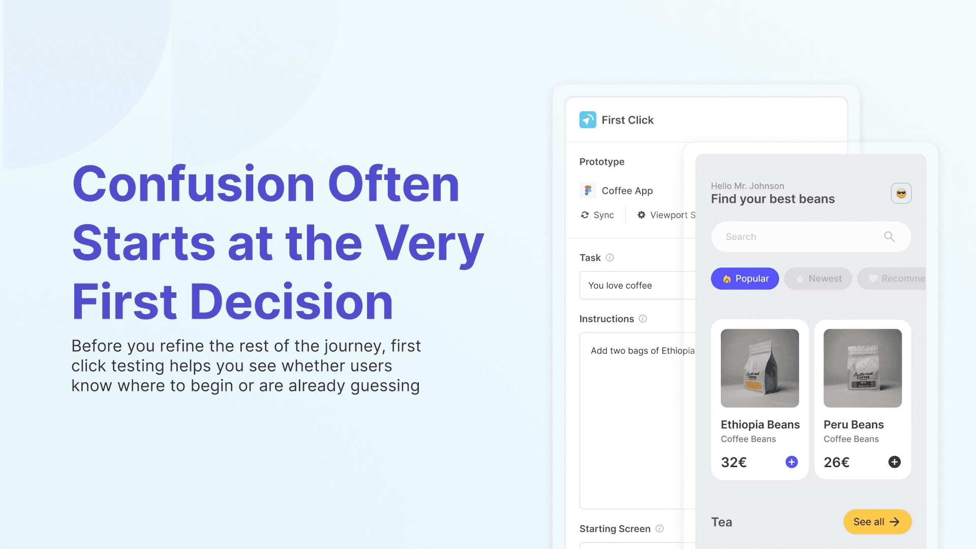 The cover banner highlights a first click “block” (the building block of the user test) from the Useberry platform and emphasizes the importance of resolving confusion in the beginning of the user journey.