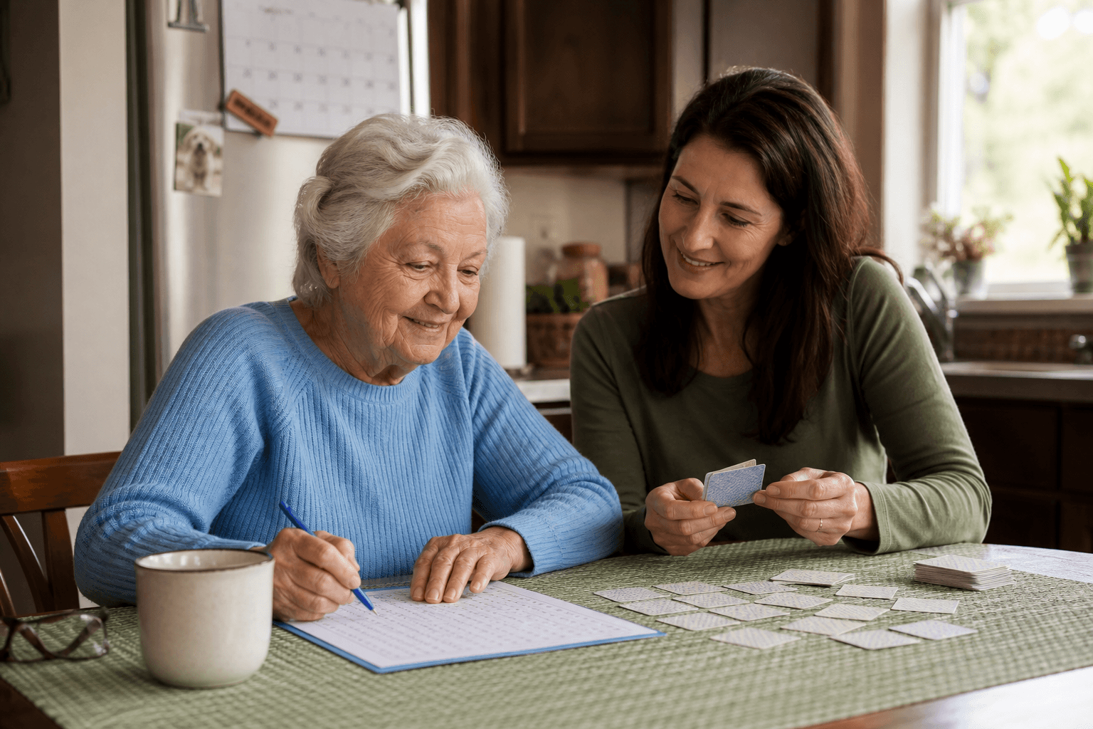 This image features an elderly woman and a middle-aged woman sitting at a kitchen table, engaged in playing a memory card matching game. The elderly woman, wearing a light blue sweater, is marking a sheet of paper with a pen while the middle-aged woman, dressed in an olive green top, holds several cards and smiles supportively. The table is covered with a green tablecloth and has multiple cards laid face down. The setting appears to be a well-lit home kitchen with objects such as a mug, eyeglasses, and a calendar visible in the background. This scene exemplifies intergenerational bonding, cognitive exercise, and recreational activities suitable for elder care and mental stimulation.