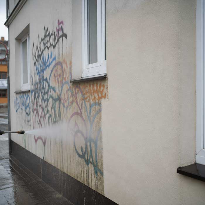 Graffitientfernung an einer Hauswand ohne Beschädigung des Putzes
