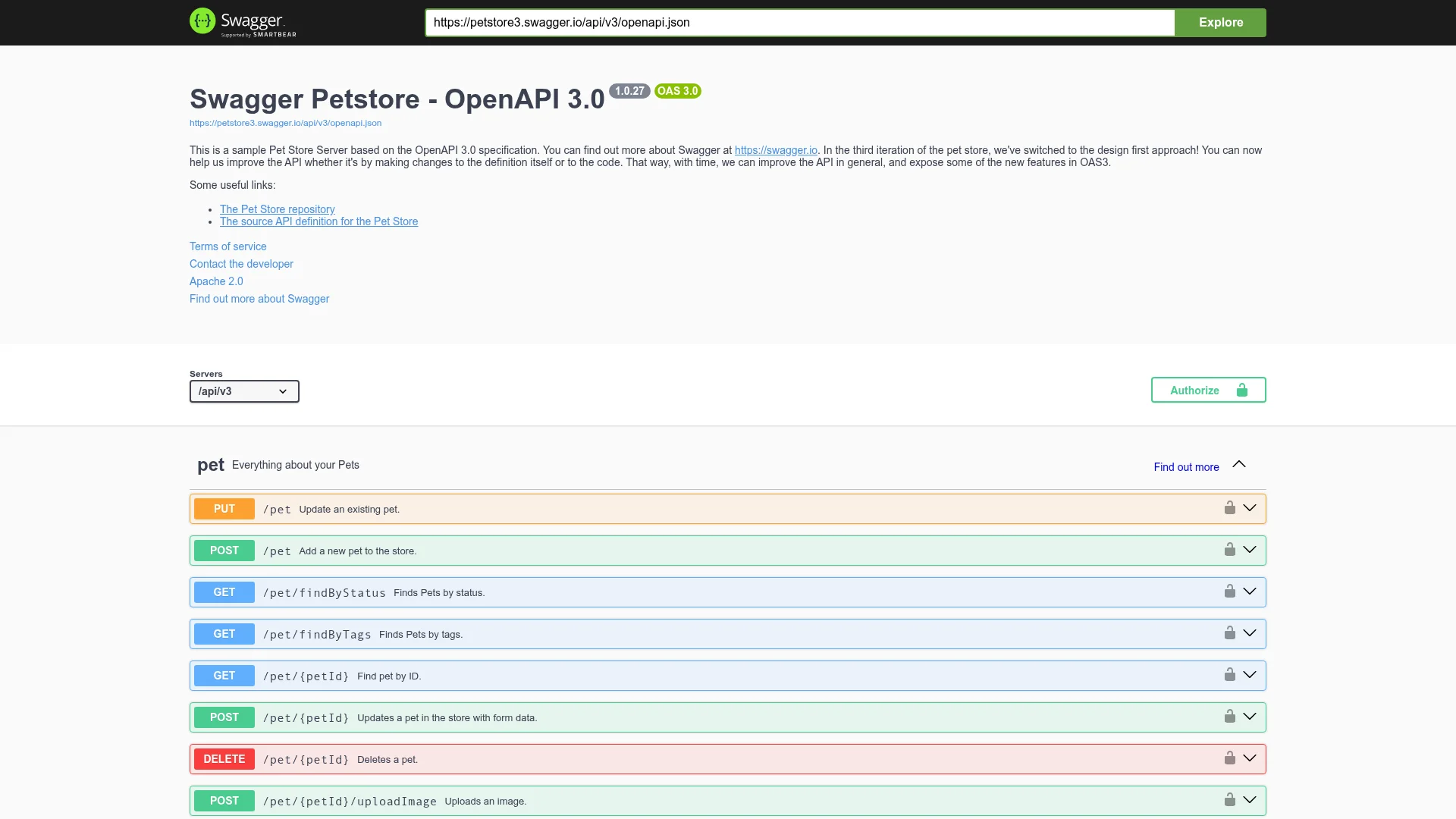 Screenshot of the Swagger Petstore API documentation showing interactive endpoint testing and schema definitions.