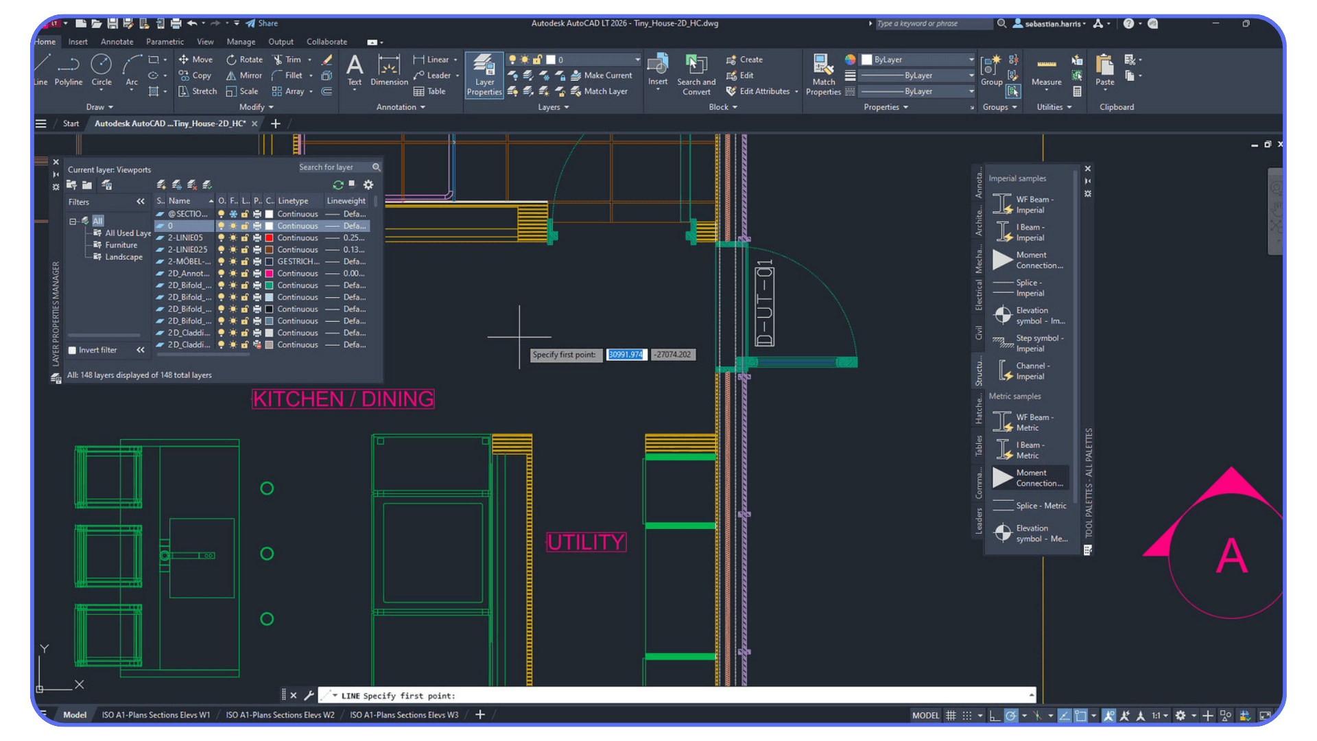 AutoCAD interface showing a detailed floor plan with labeled kitchen, dining, and utility areas, demonstrating precise line work and layer management tools.