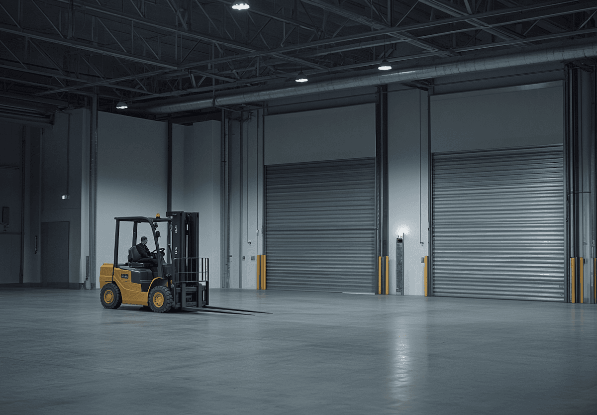 Forklift in a warehouse with bay doors