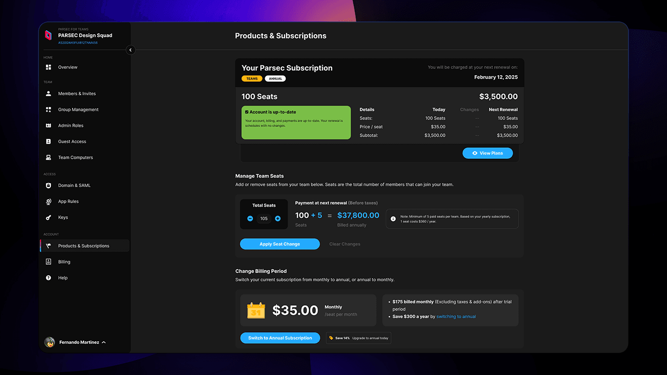 Parsec for Teams Products and Subscriptions page.