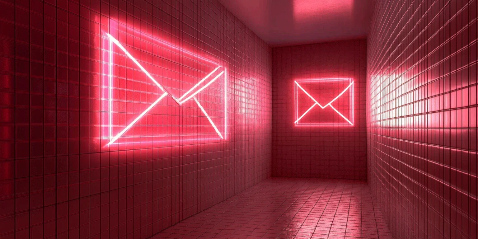 Rappresentazione astratta di una casella email di colore rosa, rosso e bianco neon con sfondo di mattoni che rappresenta le stategie di marketing.