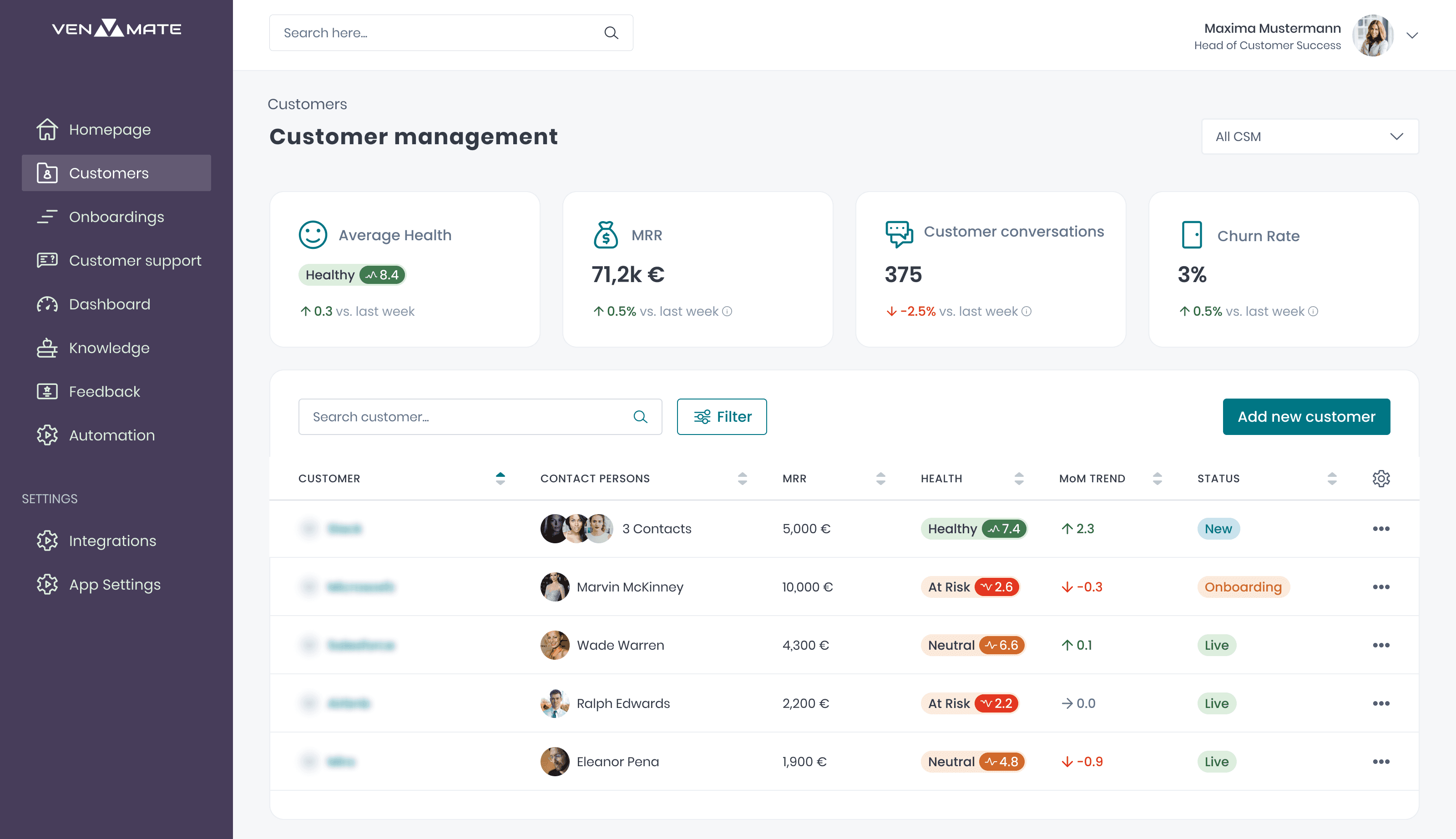 Customer Health Score across the VENMATE CSM Tool for customer management