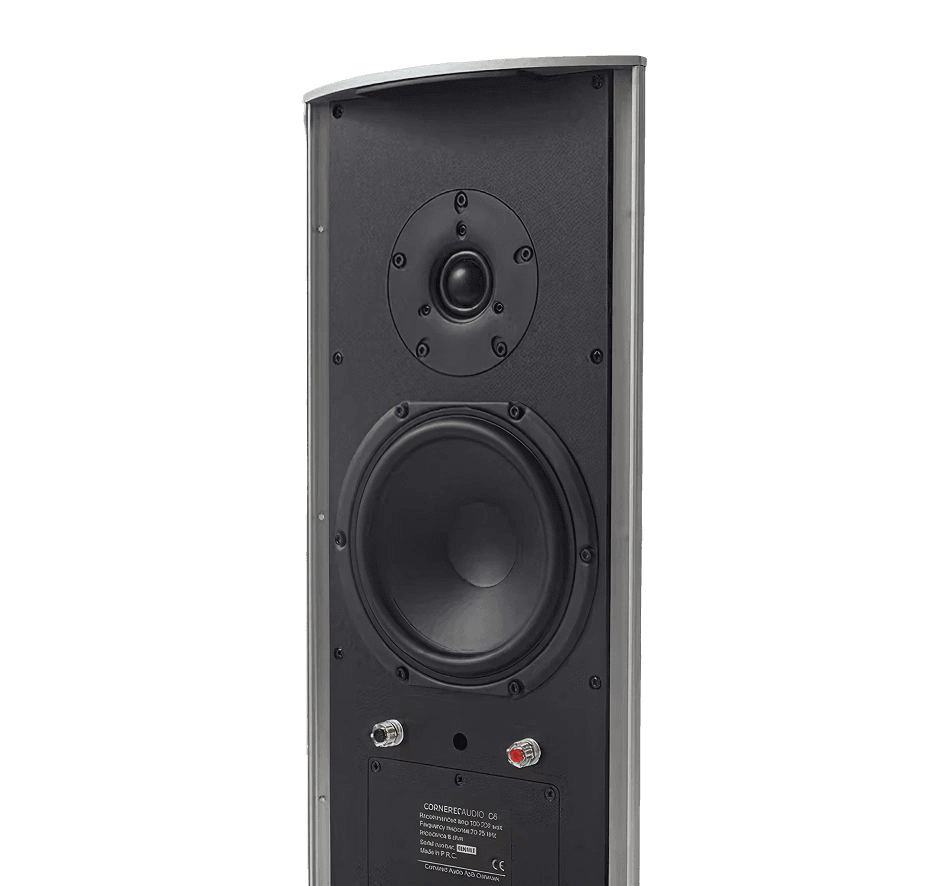 Black speaker with visible woofer and tweeter