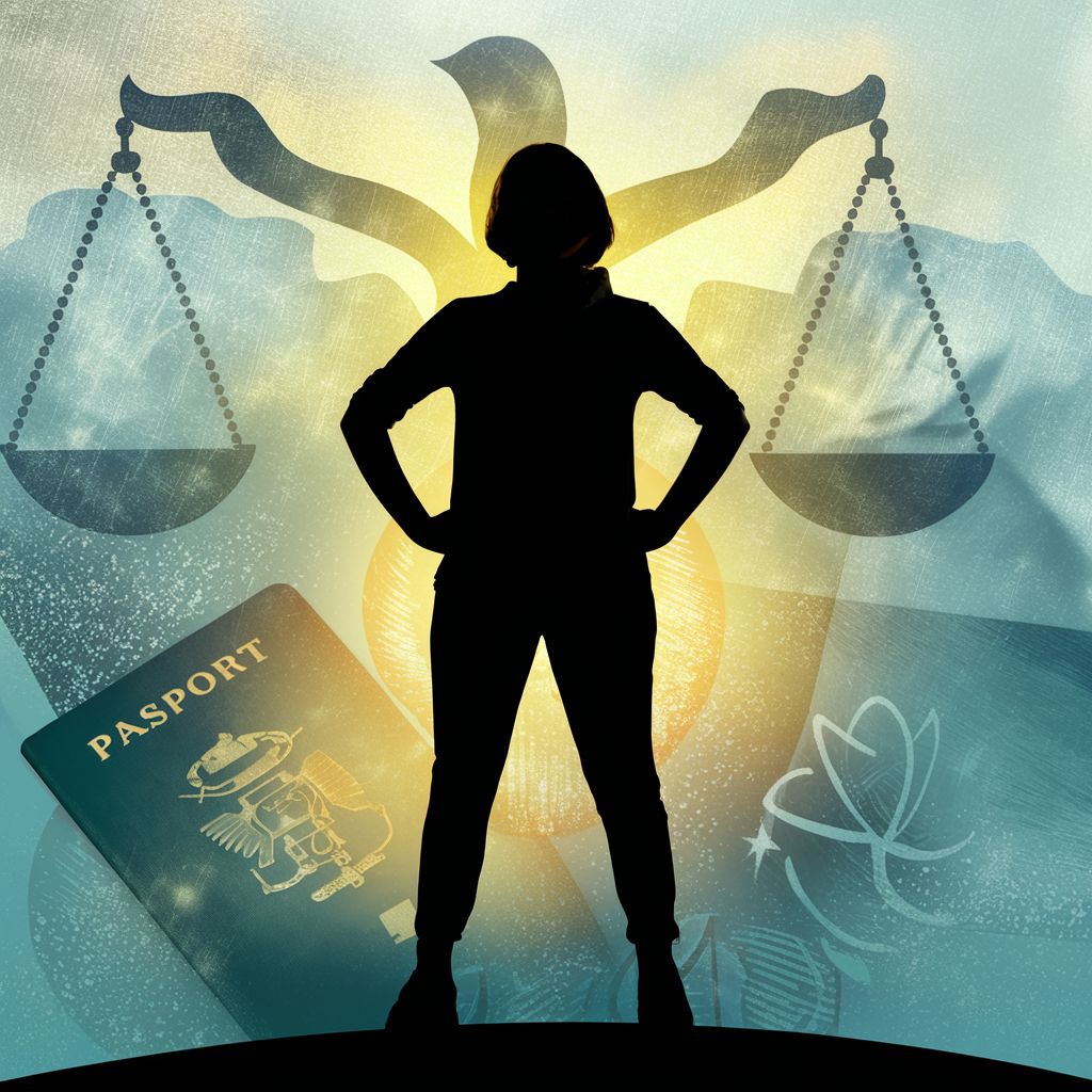 A silhouette of an individual stands confidently against a backdrop symbolizing hope and support, including a dove and scales of justice, with subtle hints of immigration elements like a passport, signifying the empowerment VAWA provides to immigrants seeking refuge and a new start.