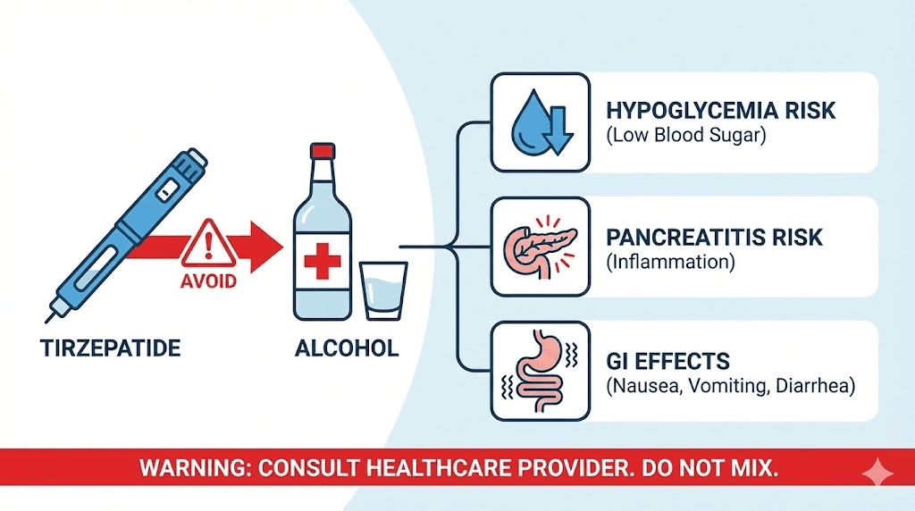 Tirzepatide and alcohol interaction safety risks infographic