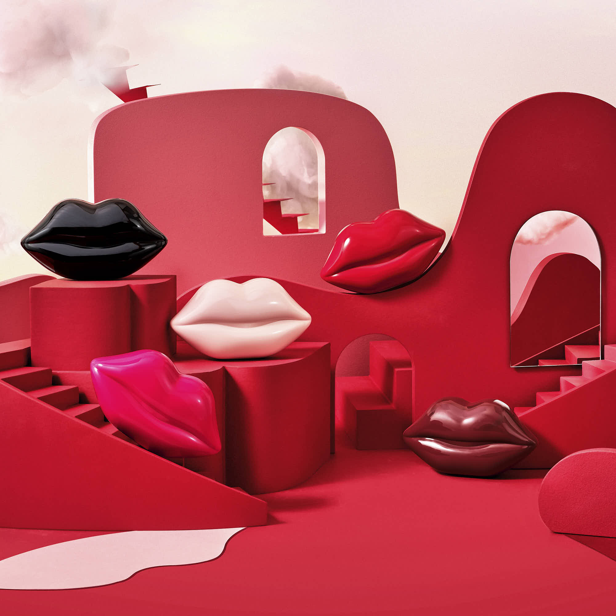 Surreal art with bold lip sculptures on abstract red background.