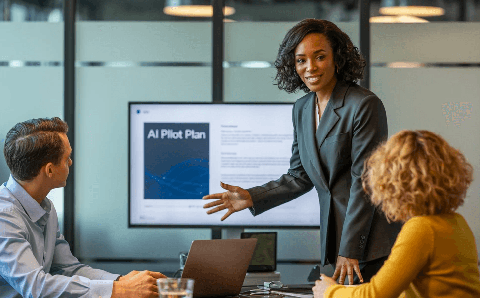 Business strategist presenting an ‘AI Pilot Plan’ on a screen to two colleagues in a conference room, illustrating how the AI Scaling Framework™ (Align → Integrate → Scale) helps companies turn GenAI pilots into measurable ROI.