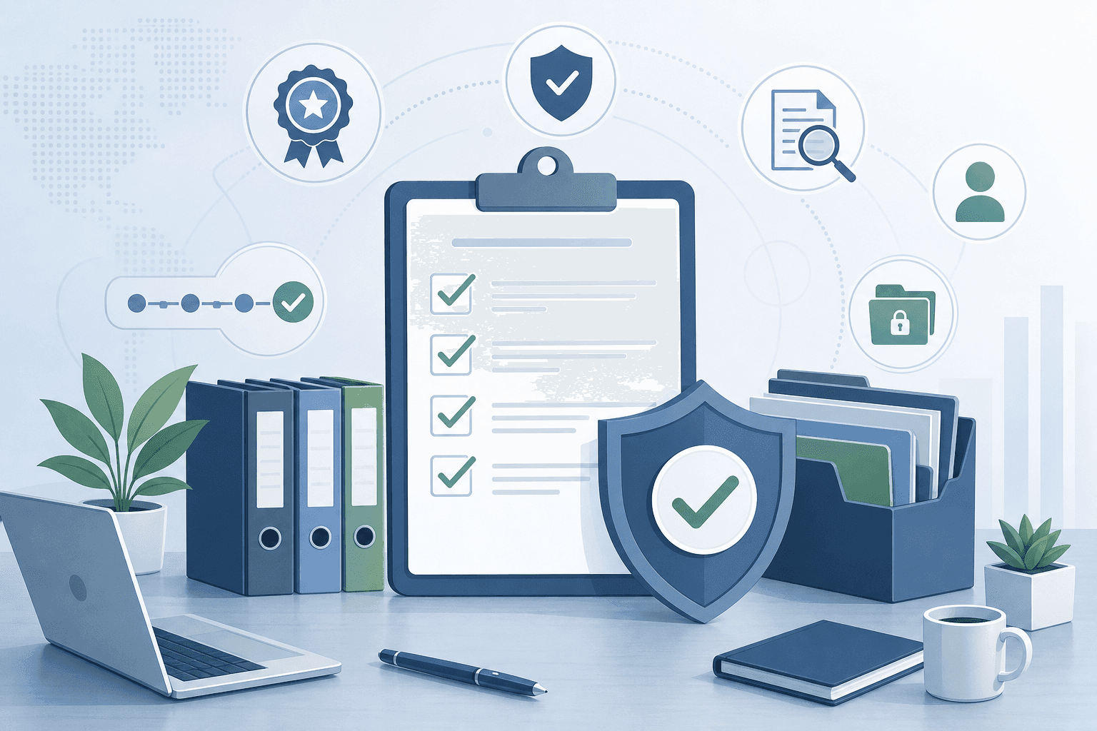 A professional flat-style illustration of a security compliance verification process: a clipboard with a checklist, a shield with a checkmark, and document folders arranged on a clean desk surface, with abstract certification badges and audit trail icons in muted blues and greens, conveying trust and thoroughness in a corporate enterprise setting