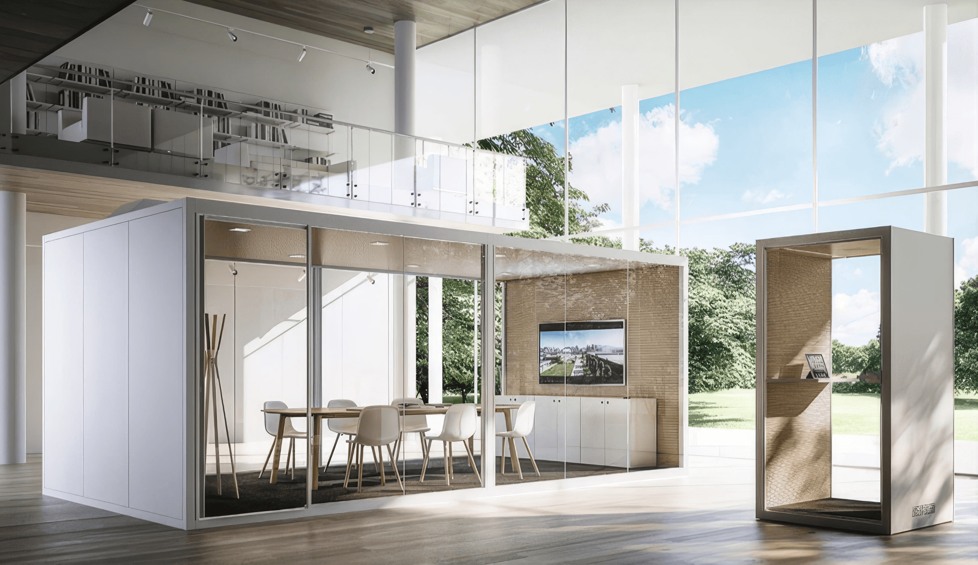 MW Interior - Freistehende gläserne Büroraumzelle mit Holztisch, weißen Schalenstühlen und Präsentationsbildschirm in offenem Loft-Büro" Beschreibung: Eigenständige Meeting-Raumzelle mit Glasschiebetüren, warmen Holzoberflächen und integriertem Display – flexibel im Raum positionierbar und akustisch abgeschirmt für konzentriertes Arbeiten.