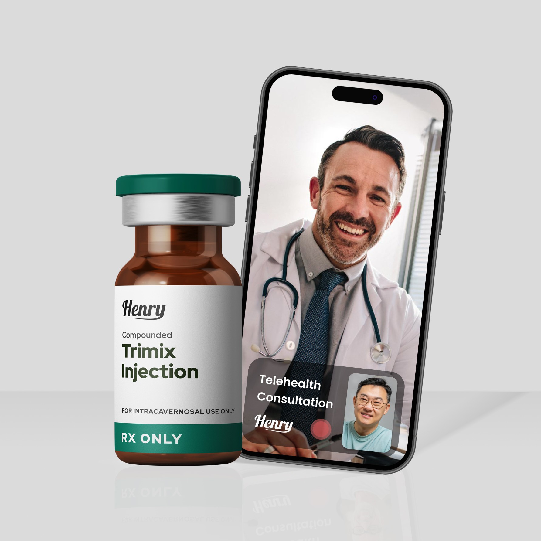 A bottle of Trimix injection sits near a phone displaying a doctor on a telehealth consultation.
