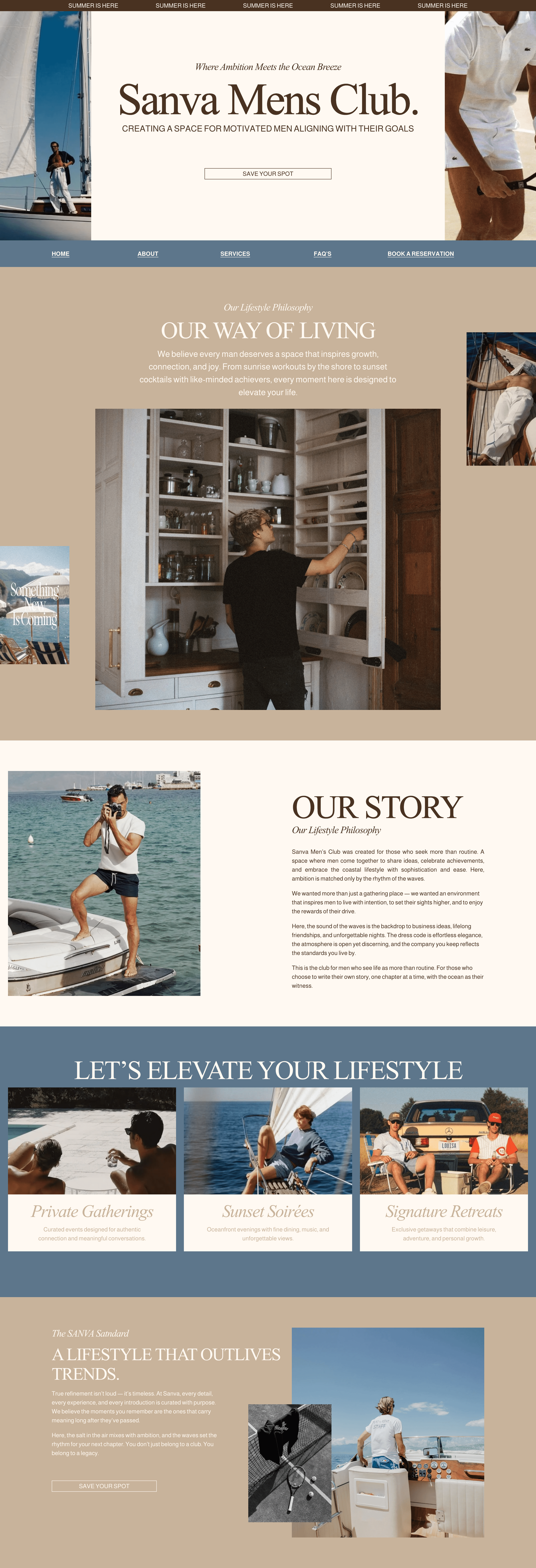 A landing page of a blue and brown with men