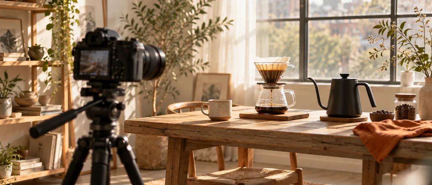 Camera on a tripod in a bright studio with a pour-over coffee setup