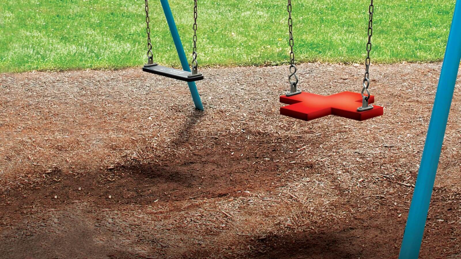 Two swings hang from a blue frame; one is a standard seat, the other is a red cross shape.