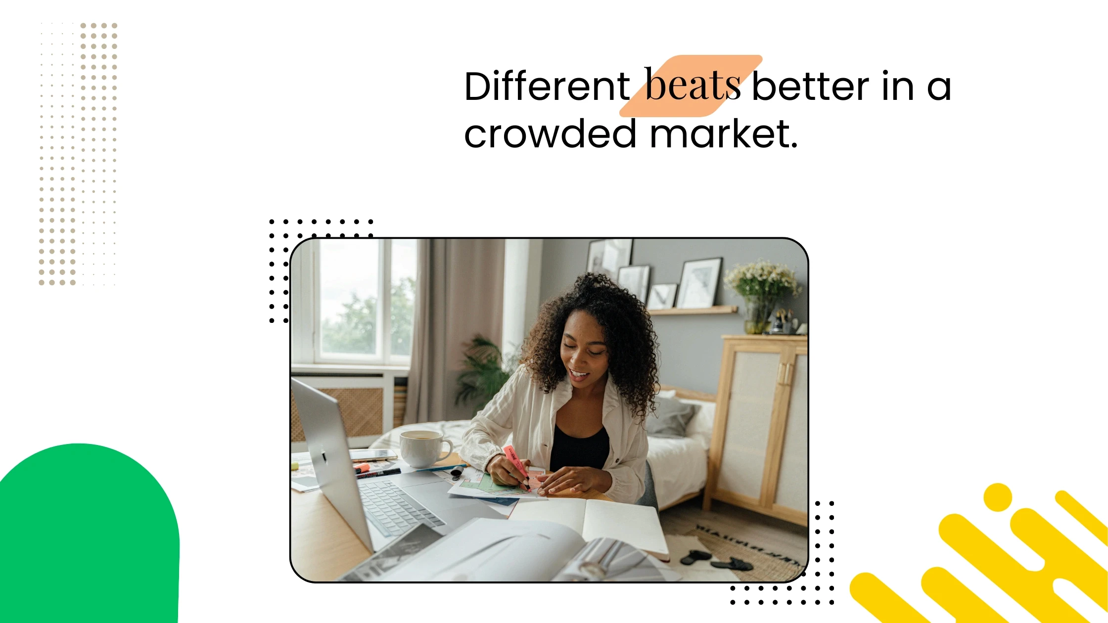 Coach working at a desk with papers and a laptop, with text about standing out by being different in a crowded market.