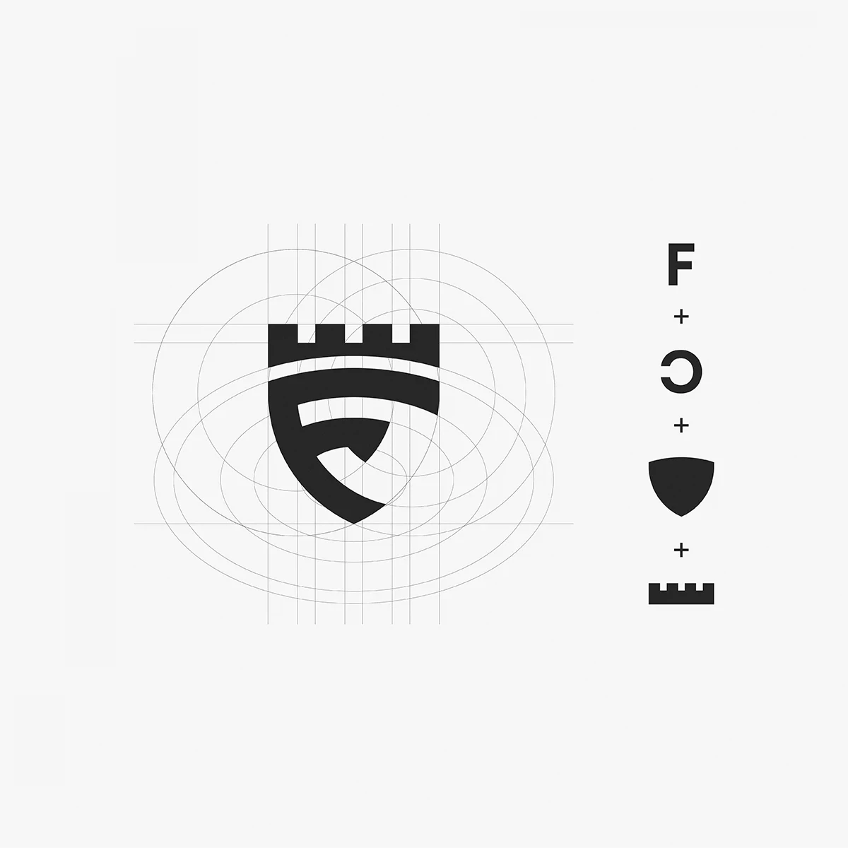 Logo design elements with shield castle and letter F on a grid background with design components.