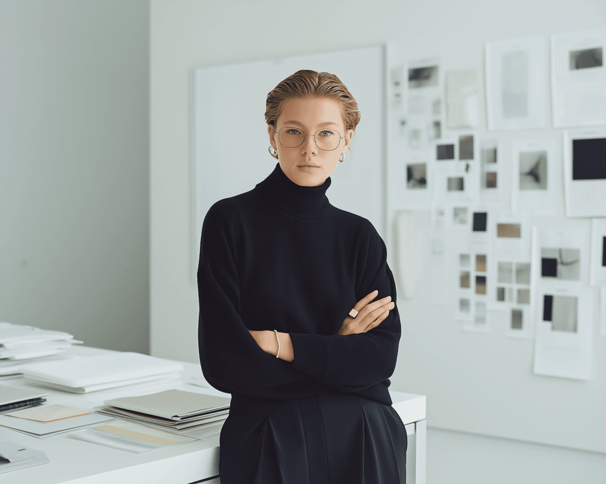 A woman wearing a black sweater and glasses stands in front of a desk, looking confidently at the camera.