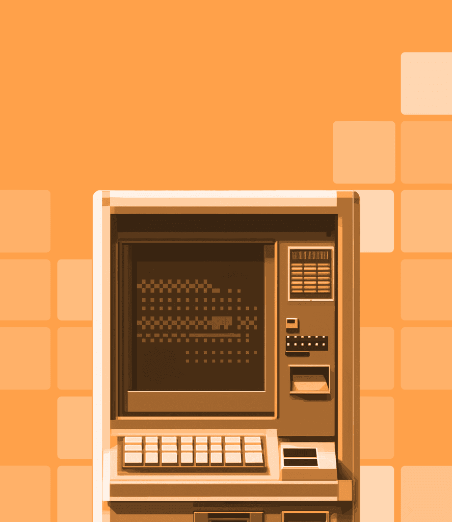 Stylized illustration of a vintage kiosk terminal with keyboard and control panel in warm orange and brown tones against a geometric orange background. Kiosk product.
