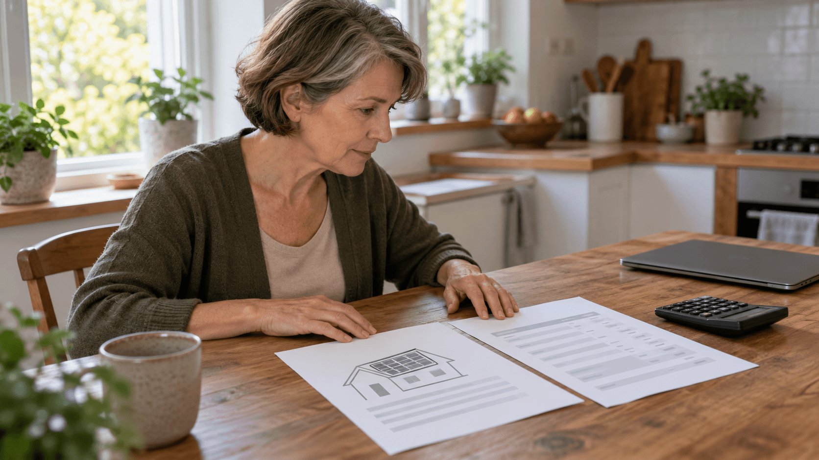 Une propriétaire compare deux documents de projet solaire à une table, près d’une calculatrice.