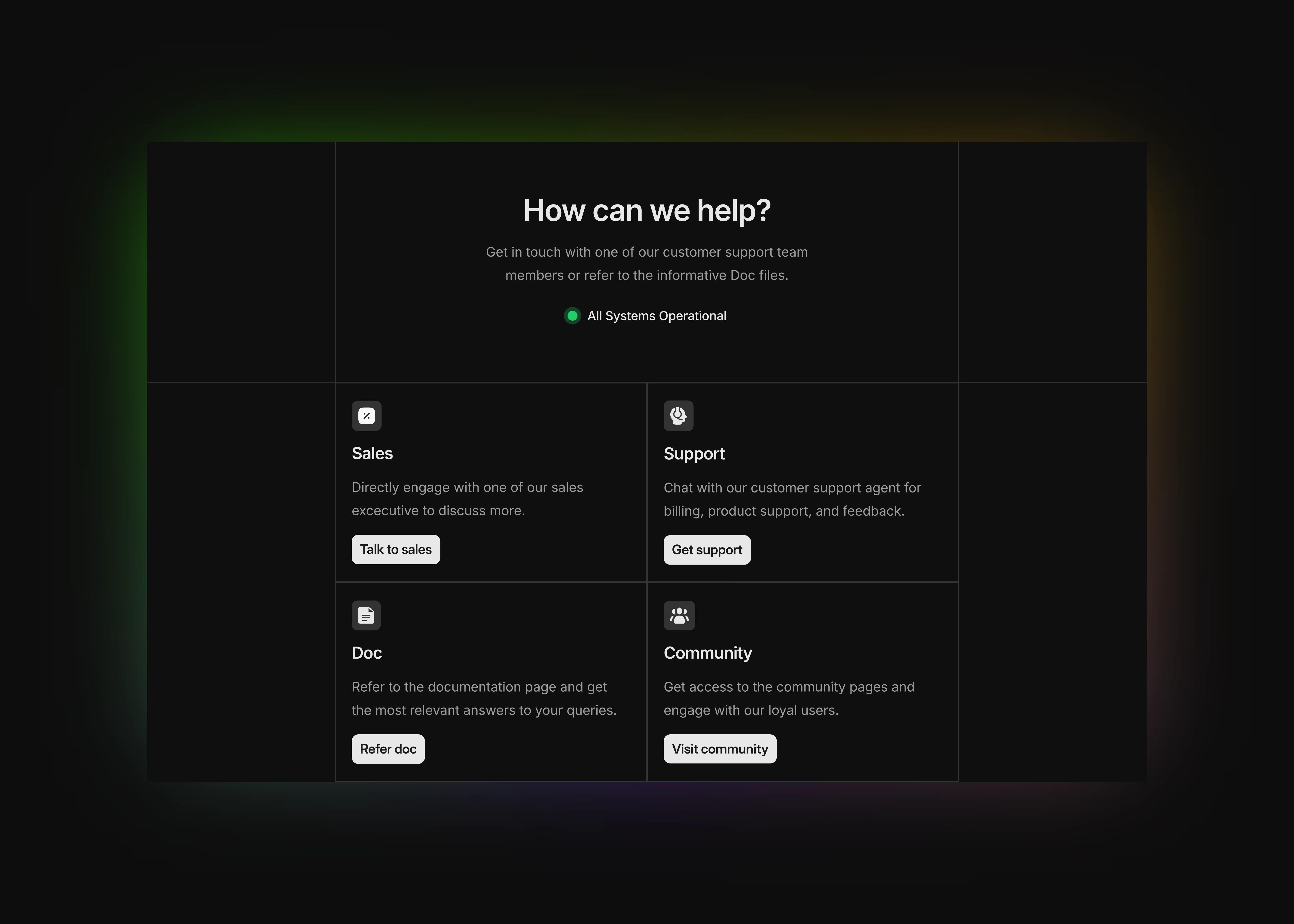 A dark themed contact us page UI section in a grid style for desktop devices